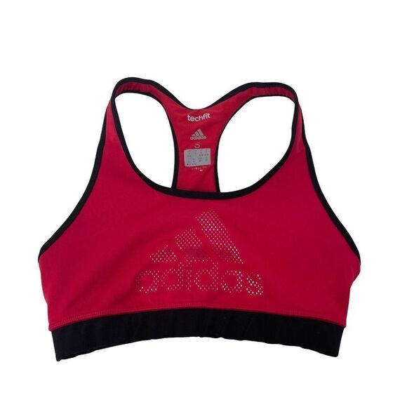 Adidas Sports Bra Racerback Techfit Unpadded Womens Size Small Red Glitter Logo - Picture 1 of 4